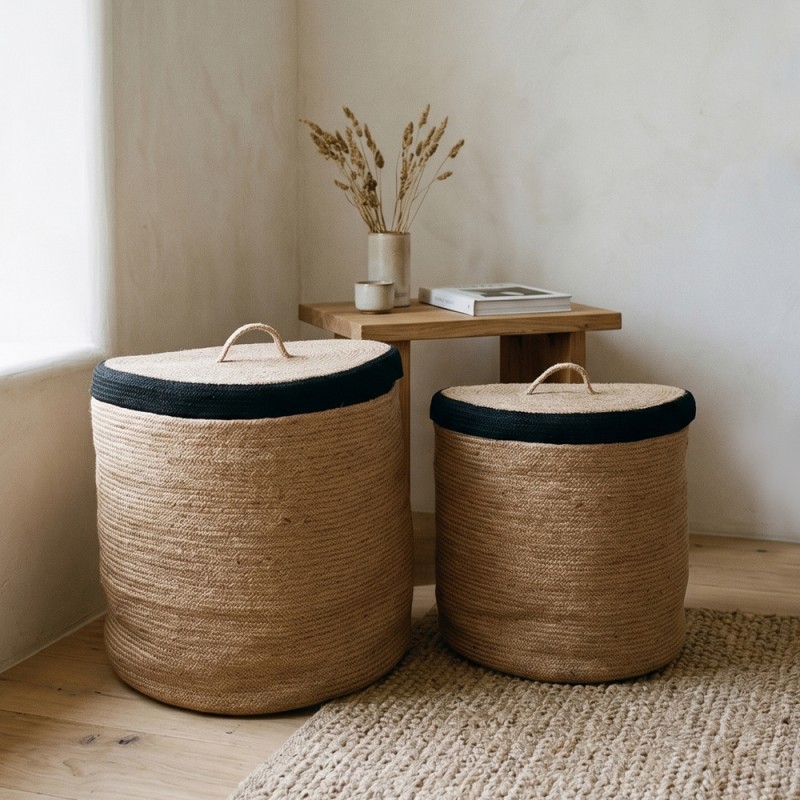 GOLU ΚΑΛΑΘΙ ΜΕ ΚΑΠΑΚΙ SET 2ΤΜΧ 40x40x40cm SEAGRASS ΦΥΣΙΚΟ ΜΑΥΡΟ