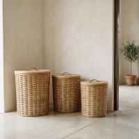 ITHAKI ΚΑΛΑΘΙ ΜΕ ΚΑΠΑΚΙ SET 3ΤΜΧ 51x51x61cm ΞΥΛΟ ΕΛΑΤΟΥ WHITE WASHED ΦΥΣΙΚΟ ΔΕΡΜΑ