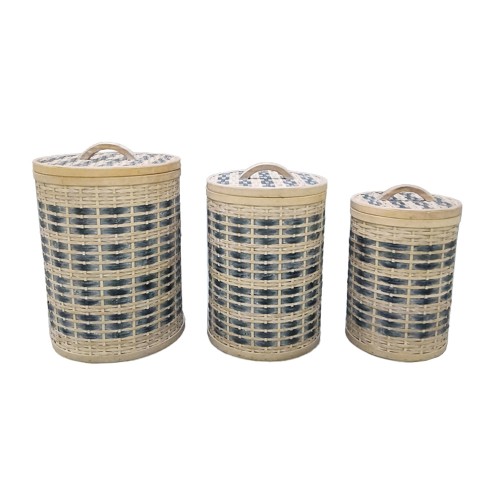 TELENDOS ΚΑΛΑΘΙ ΜΕ ΚΑΠΑΚΙ SET 3ΤΜΧ 36x36x52cm ΞΥΛΟ ΕΛΑΤΟΥ WHITE WASHED ΜΠΛΕ ΥΦΑΣΜΑ