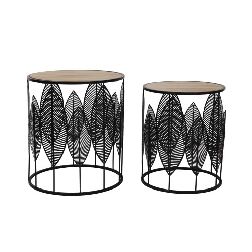 LEAF COFFEE TABLE SET 2ΤΕΜ ΜΑΥΡΟ ΦΥΣΙΚΟ 40x40x45cm