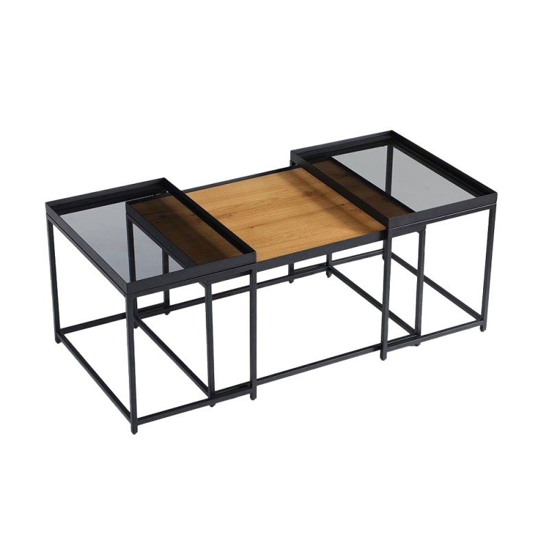 HARMONICA COFFEE TABLE SET 3ΤΕΜ ΦΥΣΙΚΟ ΦΙΜΕ ΜΑΥΡΟ 75x55x44cm