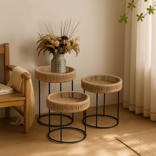 THASOS COFFEE TABLE SET 3ΤΕΜ ΦΥΣΙΚΟ ΜΑΥΡΟ 40x40x51cm