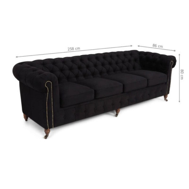 Chesterfiled Deluxe Καναπές 4θέσιος Βελούδο Μαύρο 238×86×80cm