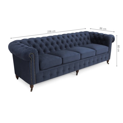 Chesterfiled Deluxe Καναπές 4θέσιος Βελούδο Μπλε 238×86×80cm