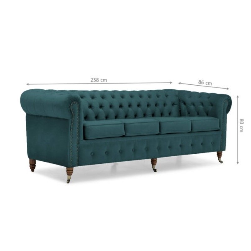 Chesterfiled Deluxe Καναπές 4θέσιος Βελούδο Πετρόλ 238×86×80cm