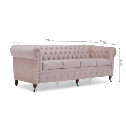 Chesterfiled Deluxe Καναπές 4θέσιος Βελούδο Ροζ Γιασεμί 238×86×80cm