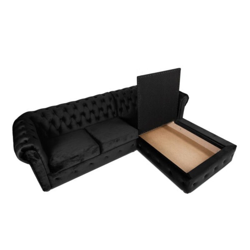Γωνιακός Καναπές Κρεβάτι Crista Chesterfield  σε Μαύρο βελούδο 245x175x85cm