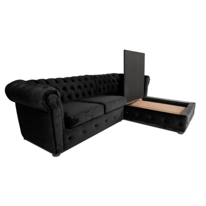 Γωνιακός Καναπές Κρεβάτι Crista Chesterfield  σε Μαύρο βελούδο 245x175x85cm