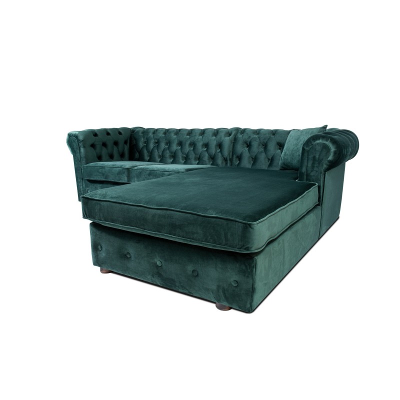 Γωνιακός Καναπές Κρεβάτι Crista Chesterfield  σε Σκούρο Πράσινο βελούδο 245x175x85cm