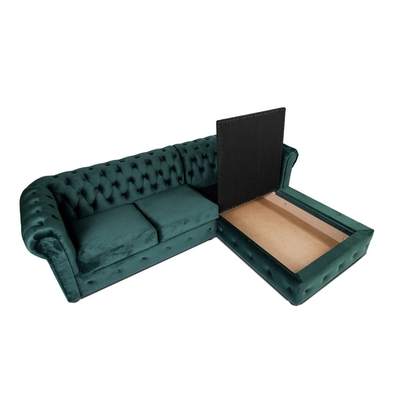 Γωνιακός Καναπές Κρεβάτι Crista Chesterfield  σε Σκούρο Πράσινο βελούδο 245x175x85cm