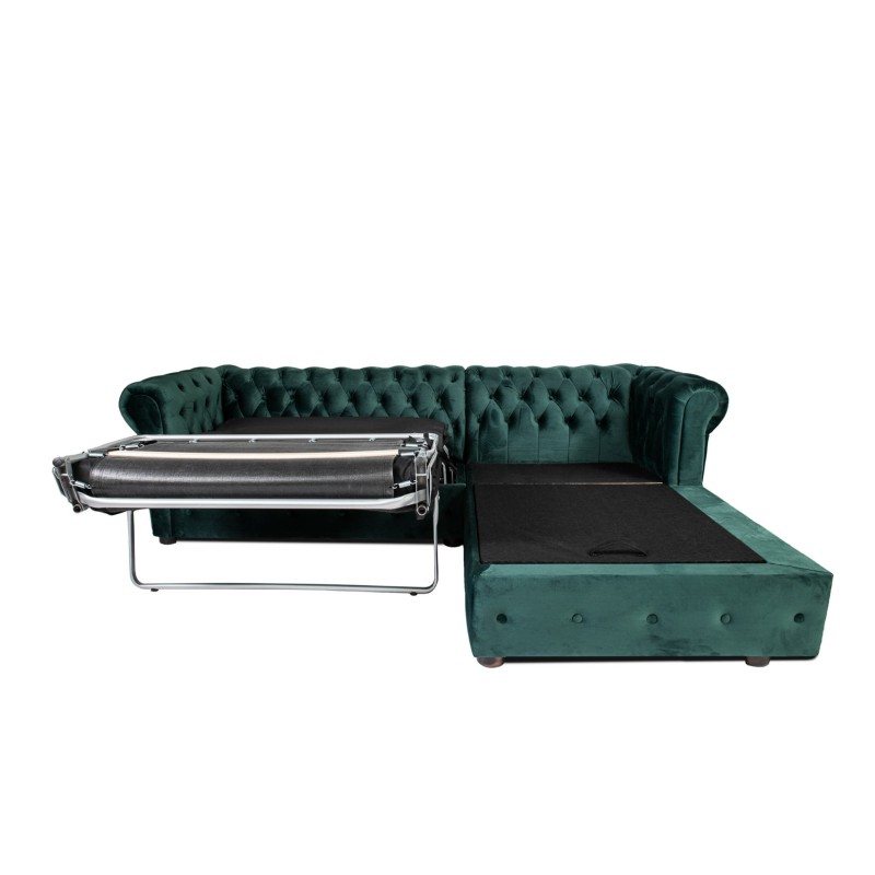 Γωνιακός Καναπές Κρεβάτι Crista Chesterfield  σε Σκούρο Πράσινο βελούδο 245x175x85cm