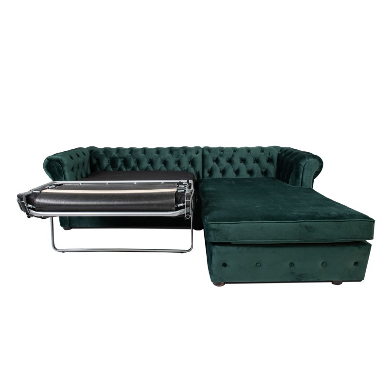 Γωνιακός Καναπές Κρεβάτι Crista Chesterfield  σε Σκούρο Πράσινο βελούδο 245x175x85cm