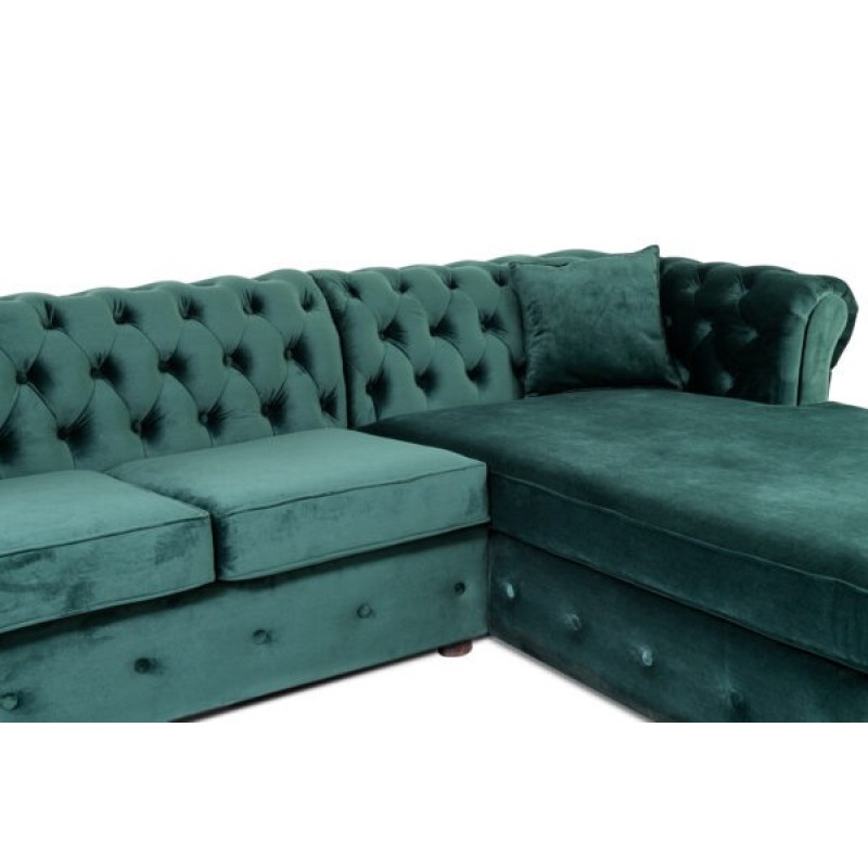 Γωνιακός Καναπές Κρεβάτι Crista Chesterfield  σε Σκούρο Πράσινο βελούδο 245x175x85cm