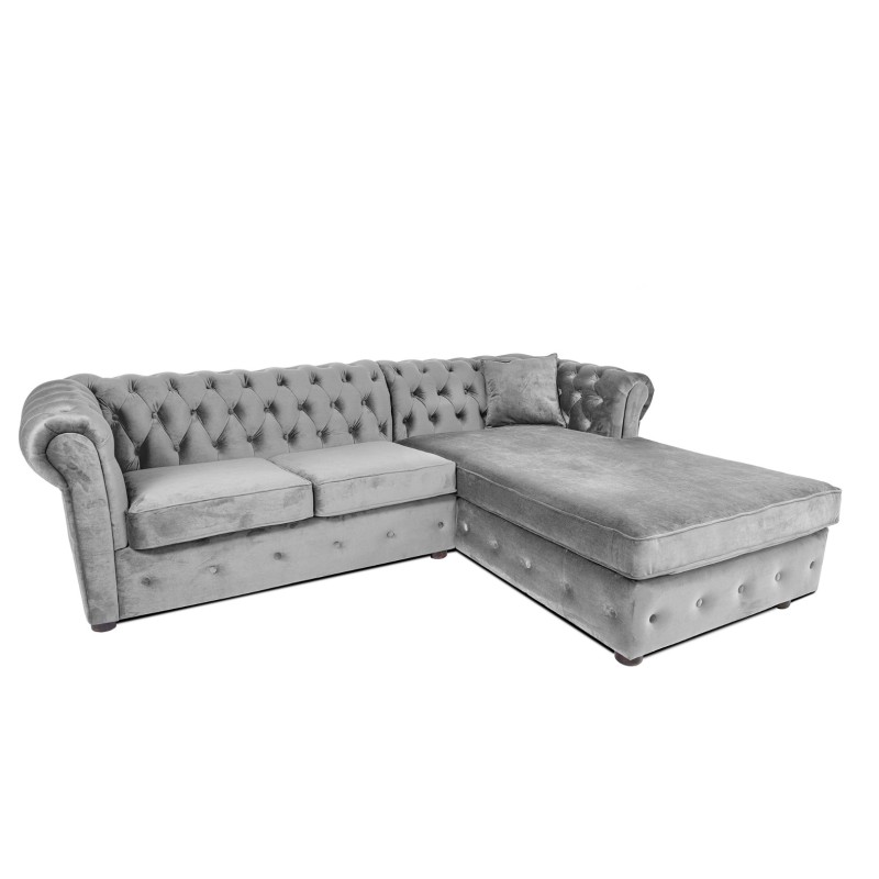 Γωνιακός Καναπές Κρεβάτι Crista Chesterfield  σε Ανοιχτό Γκρι βελούδο 245x175x85cm