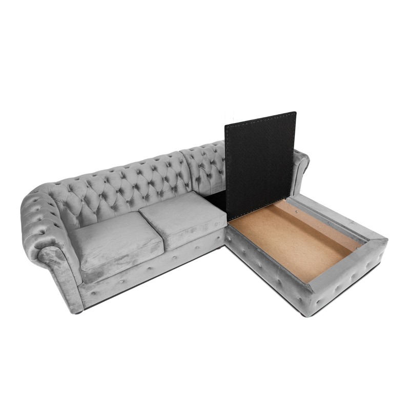 Γωνιακός Καναπές Κρεβάτι Crista Chesterfield  σε Ανοιχτό Γκρι βελούδο 245x175x85cm