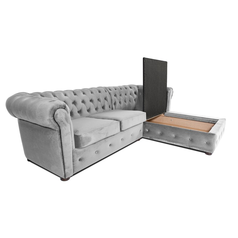 Γωνιακός Καναπές Κρεβάτι Crista Chesterfield  σε Ανοιχτό Γκρι βελούδο 245x175x85cm