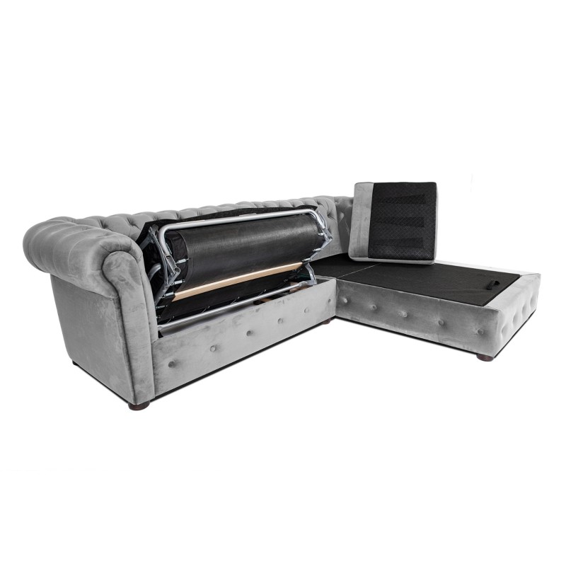 Γωνιακός Καναπές Κρεβάτι Crista Chesterfield  σε Ανοιχτό Γκρι βελούδο 245x175x85cm