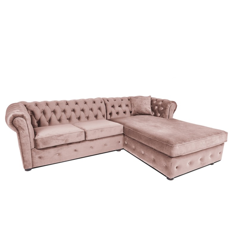 Γωνιακός Καναπές Κρεβάτι Crista Chesterfield  σε Ροζ Γιασεμί βελούδο 245x175x85cm