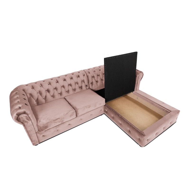 Γωνιακός Καναπές Κρεβάτι Crista Chesterfield  σε Ροζ Γιασεμί βελούδο 245x175x85cm