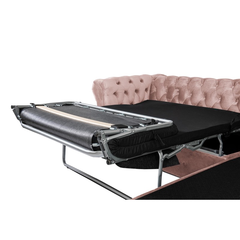 Γωνιακός Καναπές Κρεβάτι Crista Chesterfield  σε Ροζ Γιασεμί βελούδο 245x175x85cm