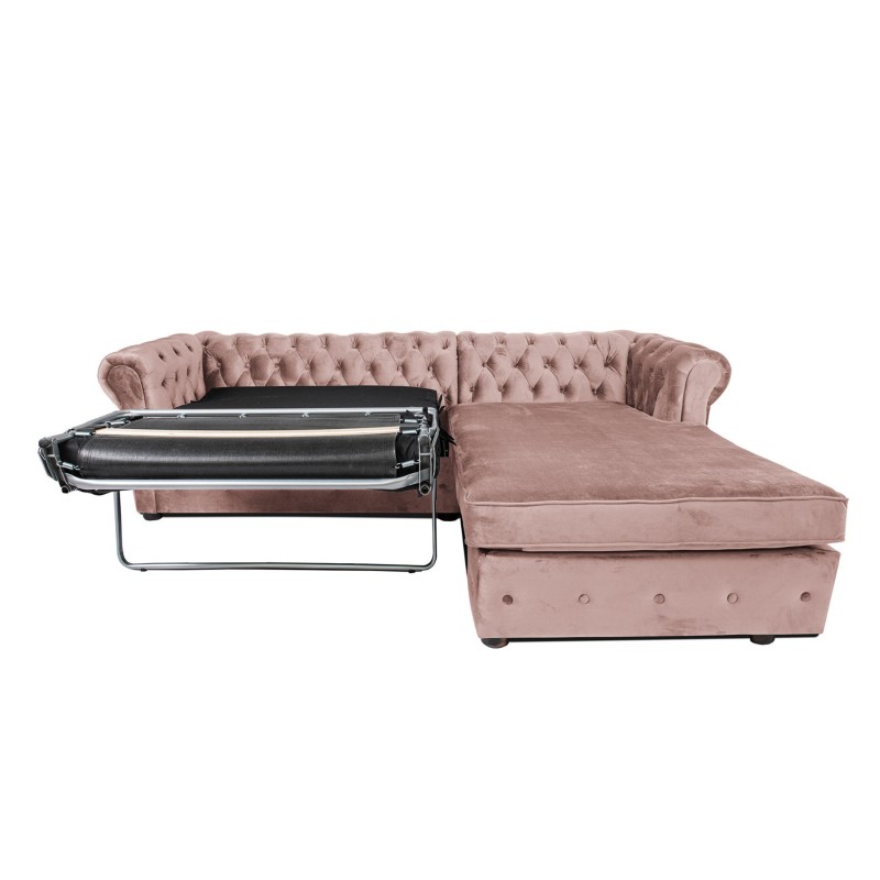 Γωνιακός Καναπές Κρεβάτι Crista Chesterfield  σε Ροζ Γιασεμί βελούδο 245x175x85cm
