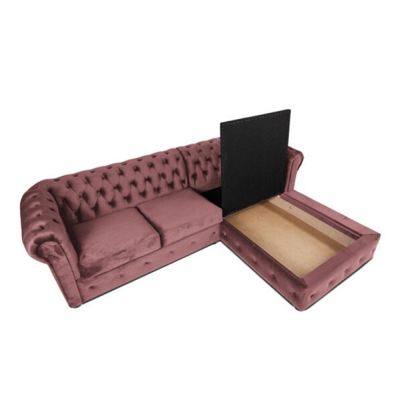 Γωνιακός Καναπές Κρεβάτι Crista Chesterfield  σε Ρόζ βελούδο 245x175x85cm