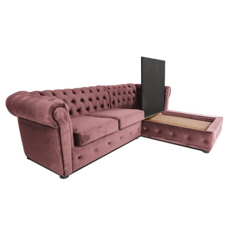 Γωνιακός Καναπές Κρεβάτι Crista Chesterfield  σε Ρόζ βελούδο 245x175x85cm