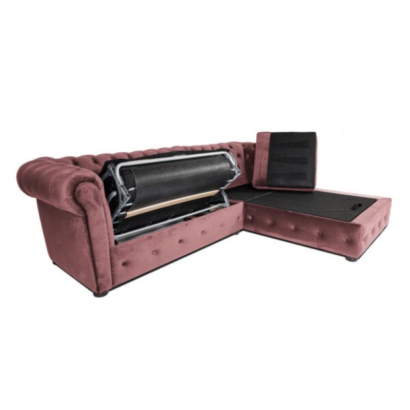 Γωνιακός Καναπές Κρεβάτι Crista Chesterfield  σε Ρόζ βελούδο 245x175x85cm