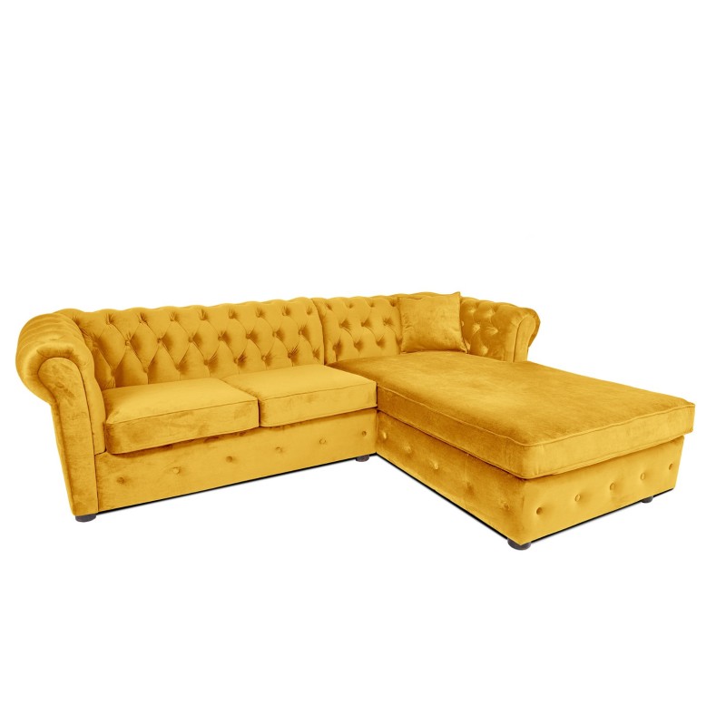 Γωνιακός Καναπές Κρεβάτι Crista Chesterfield  σε Ηλιόλουστο Κιτρινο βελούδο 245x175x85cm