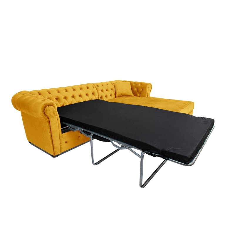Γωνιακός Καναπές Κρεβάτι Crista Chesterfield  σε Ηλιόλουστο Κιτρινο βελούδο 245x175x85cm