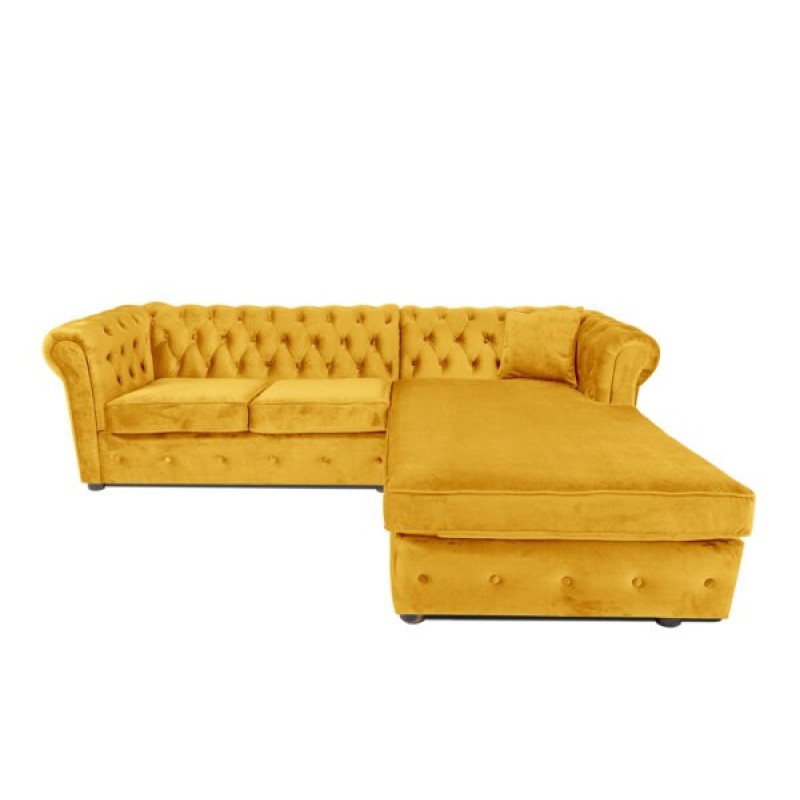 Γωνιακός Καναπές Κρεβάτι Crista Chesterfield  σε Ηλιόλουστο Κιτρινο βελούδο 245x175x85cm