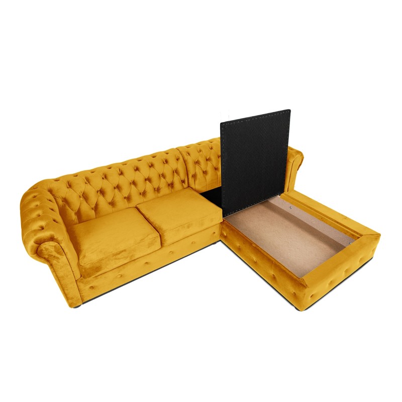 Γωνιακός Καναπές Κρεβάτι Crista Chesterfield  σε Ηλιόλουστο Κιτρινο βελούδο 245x175x85cm
