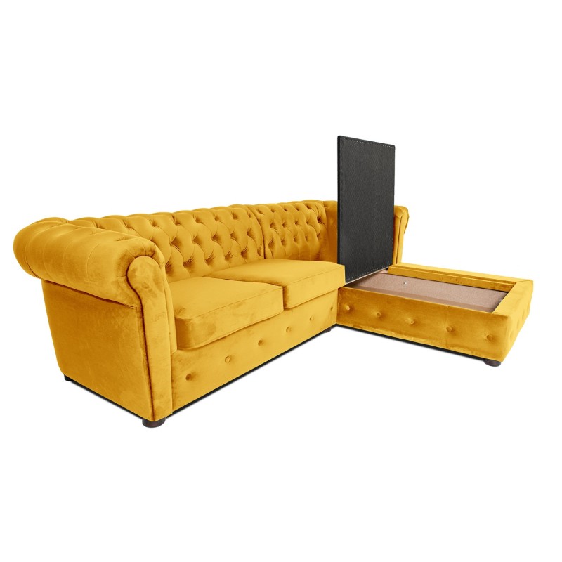 Γωνιακός Καναπές Κρεβάτι Crista Chesterfield  σε Ηλιόλουστο Κιτρινο βελούδο 245x175x85cm