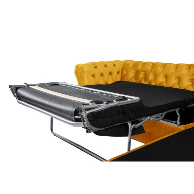 Γωνιακός Καναπές Κρεβάτι Crista Chesterfield  σε Ηλιόλουστο Κιτρινο βελούδο 245x175x85cm