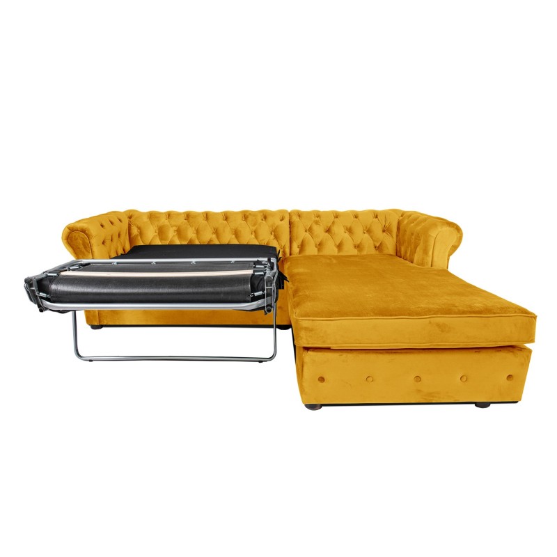 Γωνιακός Καναπές Κρεβάτι Crista Chesterfield  σε Ηλιόλουστο Κιτρινο βελούδο 245x175x85cm