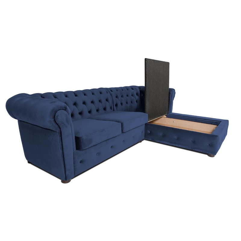 Γωνιακός Καναπές Κρεβάτι Crista Chesterfield  σε Μπλέ βελούδο 245x175x85cm