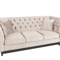 Τριθέσιος Καναπές Chesterfield Queen Βελούδο Μπεζ 215×92×92 εκ