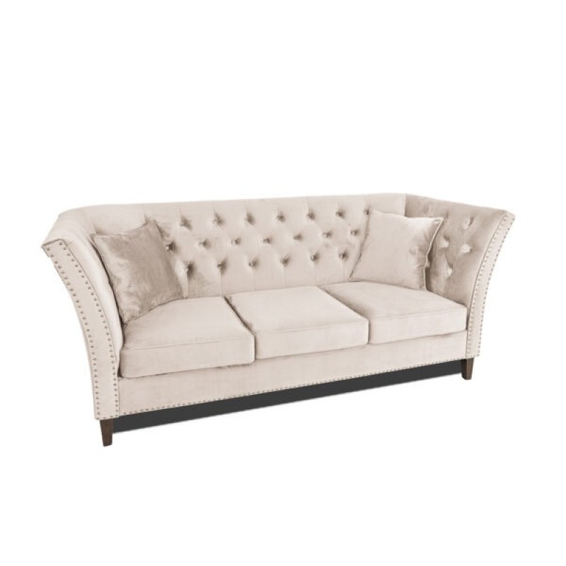 Τριθέσιος Καναπές Chesterfield Queen Βελούδο Μπεζ 215×92×92 εκ