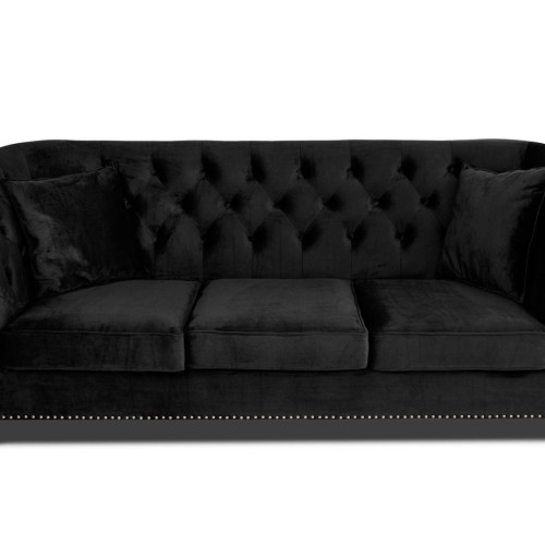 Τριθέσιος Καναπές Chesterfield Queen Βελούδο Μαύρο 215×92×92 εκ
