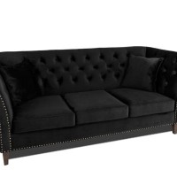 Τριθέσιος Καναπές Chesterfield Queen Βελούδο Μαύρο 215×92×92 εκ
