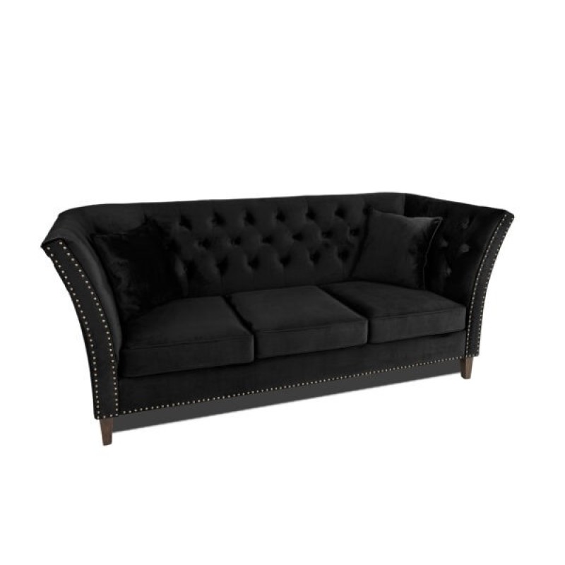 Τριθέσιος Καναπές Chesterfield Queen Βελούδο Μαύρο 215×92×92 εκ