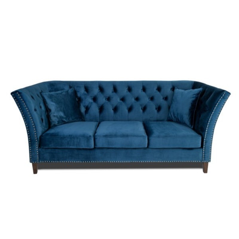 Τριθέσιος Καναπές Chesterfield Queen Βελούδο Μπλε 215×92×92 εκ