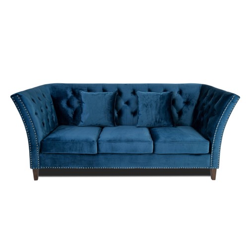 Τριθέσιος Καναπές Chesterfield Queen Βελούδο Μπλε 215×92×92 εκ