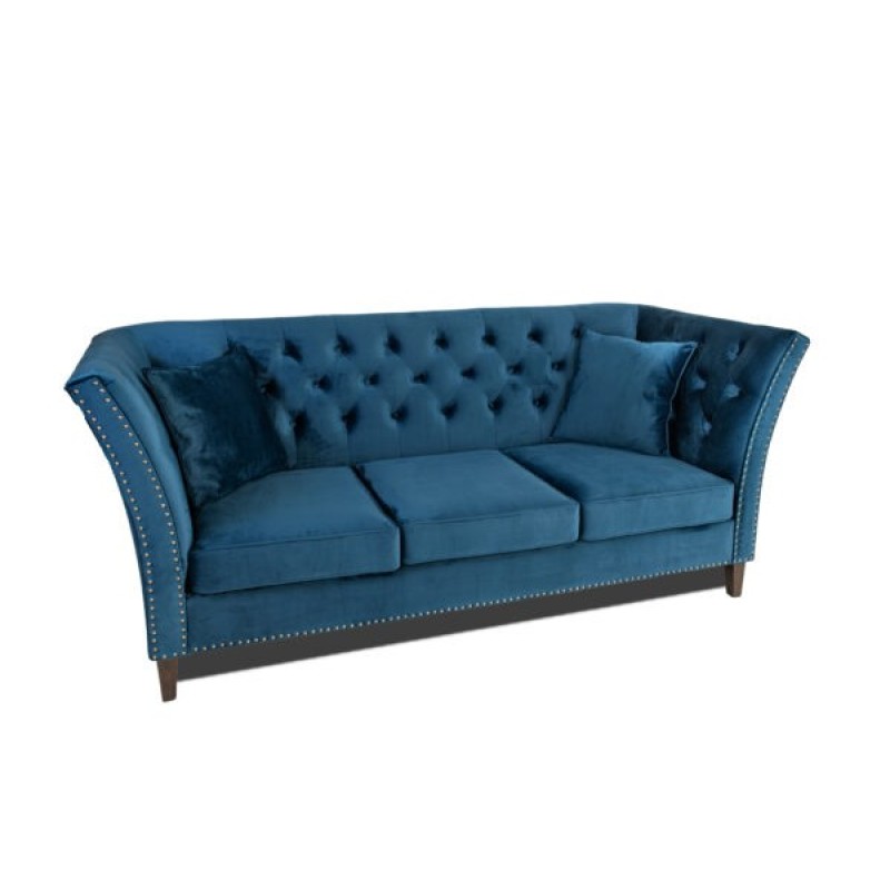 Τριθέσιος Καναπές Chesterfield Queen Βελούδο Μπλε 215×92×92 εκ