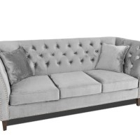 Τριθέσιος Καναπές Chesterfield Queen Βελούδο Ανοιχτό Γκρι 215×92×92 εκ