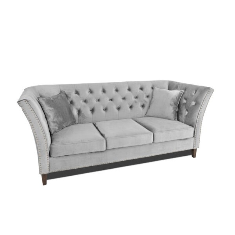 Τριθέσιος Καναπές Chesterfield Queen Βελούδο Ανοιχτό Γκρι 215×92×92 εκ