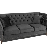 Τριθέσιος Καναπές Chesterfield Queen Βελούδο Γκρι Ανθρακί 215×92×92 εκ