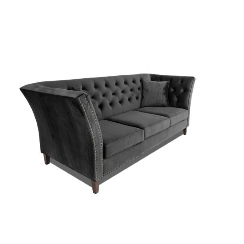 Τριθέσιος Καναπές Chesterfield Queen Βελούδο Γκρι Ανθρακί 215×92×92 εκ