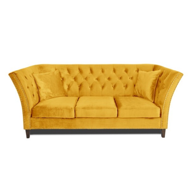 Τριθέσιος Καναπές Chesterfield Queen Βελούδο Κίτρινο 215×92×92 εκ