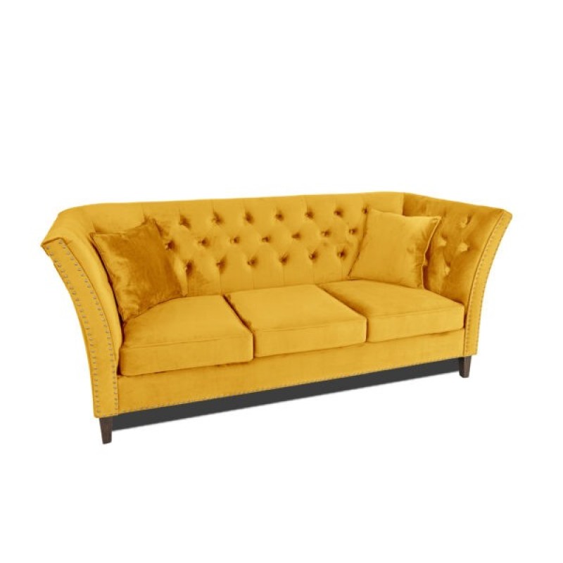 Τριθέσιος Καναπές Chesterfield Queen Βελούδο Κίτρινο 215×92×92 εκ